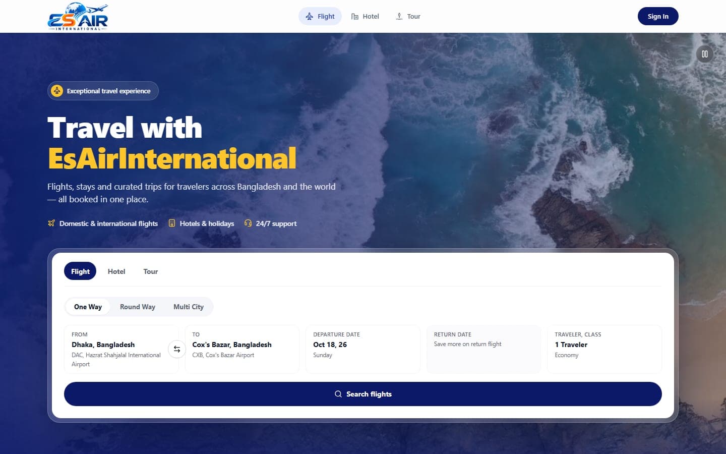 EsAirInternational home page with the flight search form for Dhaka to Cox's Bazar