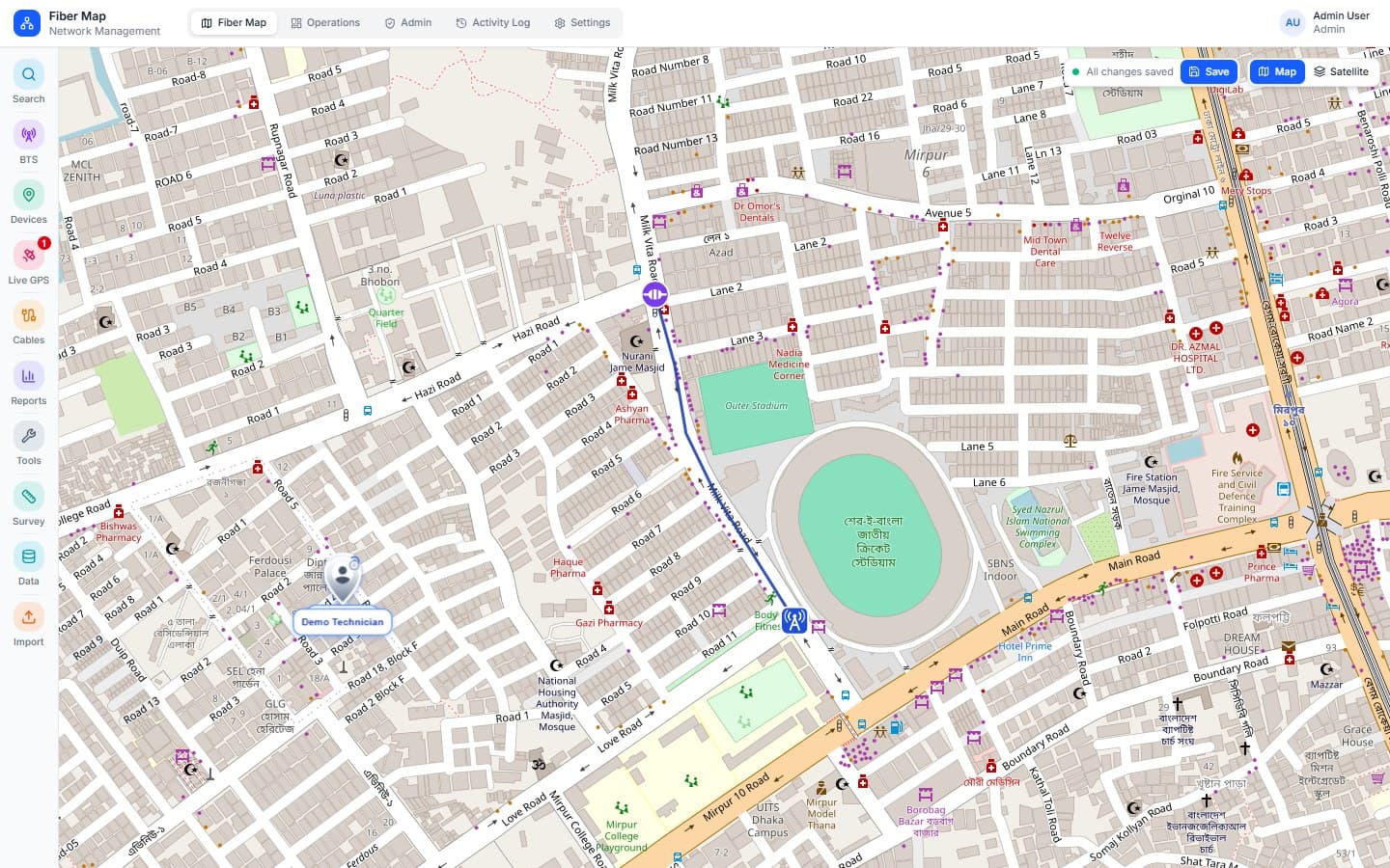FiberMap network map showing a BTS, a joint closure and a fiber cable route