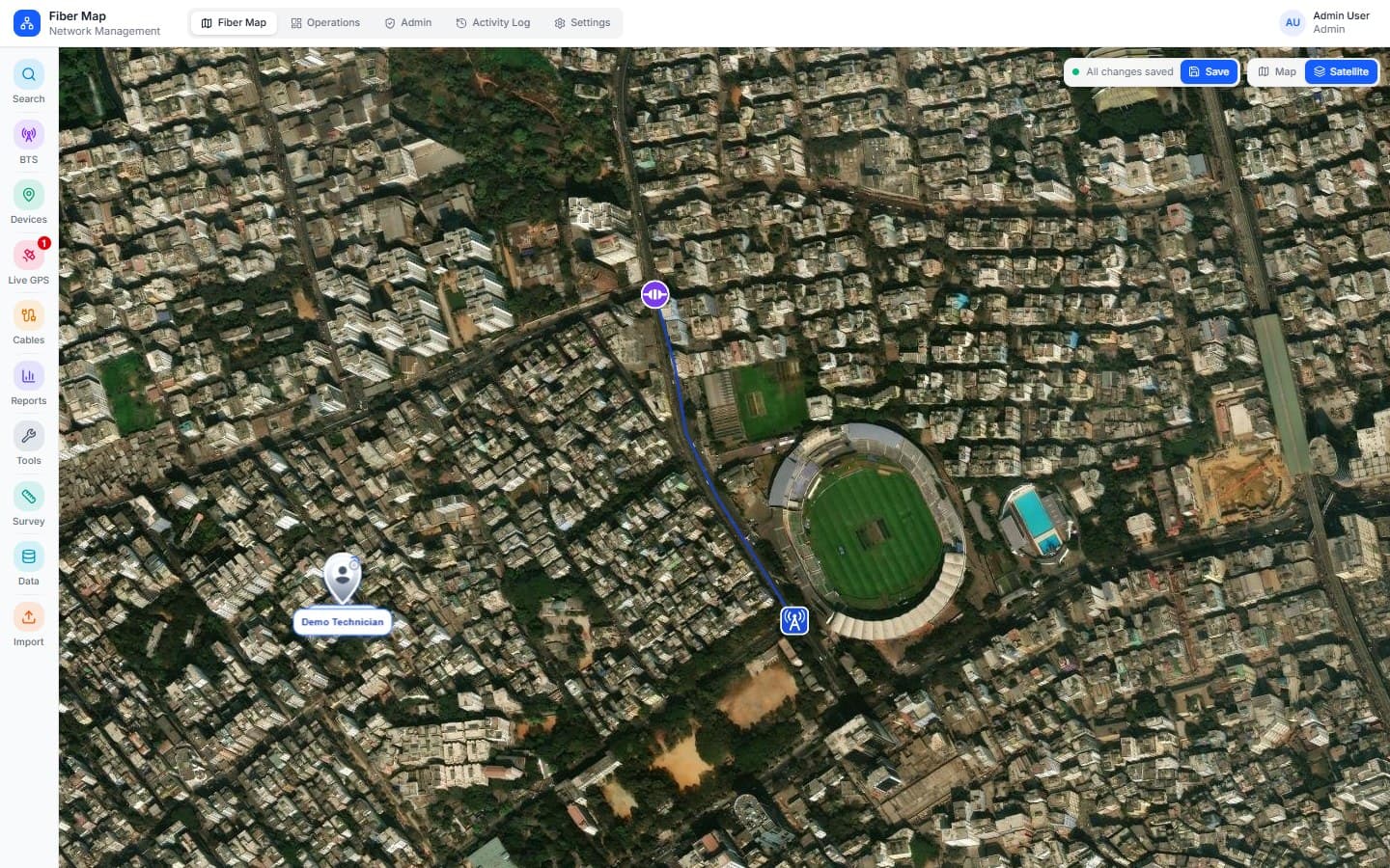 FiberMap satellite view with a planned fiber route